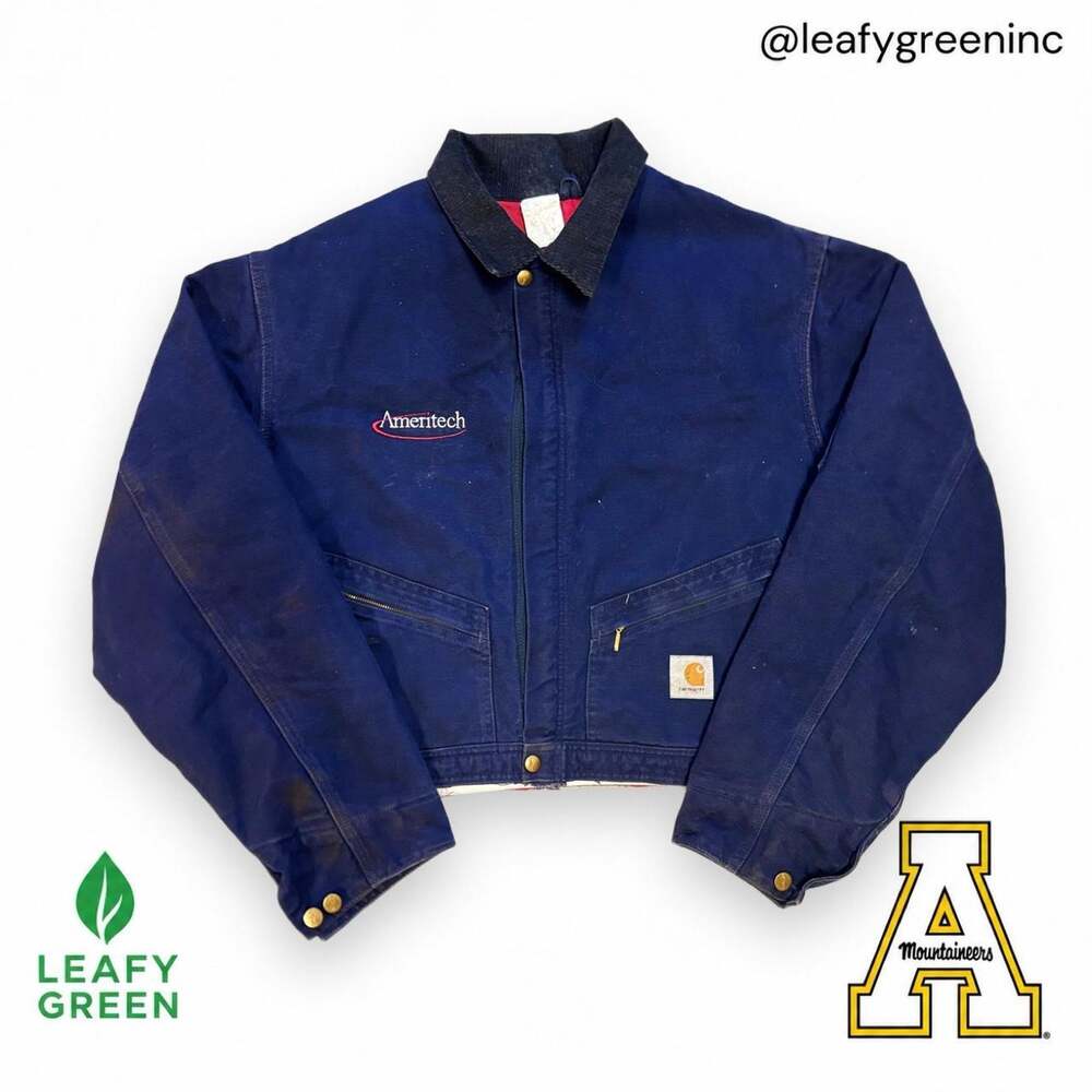 VTG 90s Carhartt Navy Blue Cropped Detroit Boxy Trucker Jacket us sz L Canvas